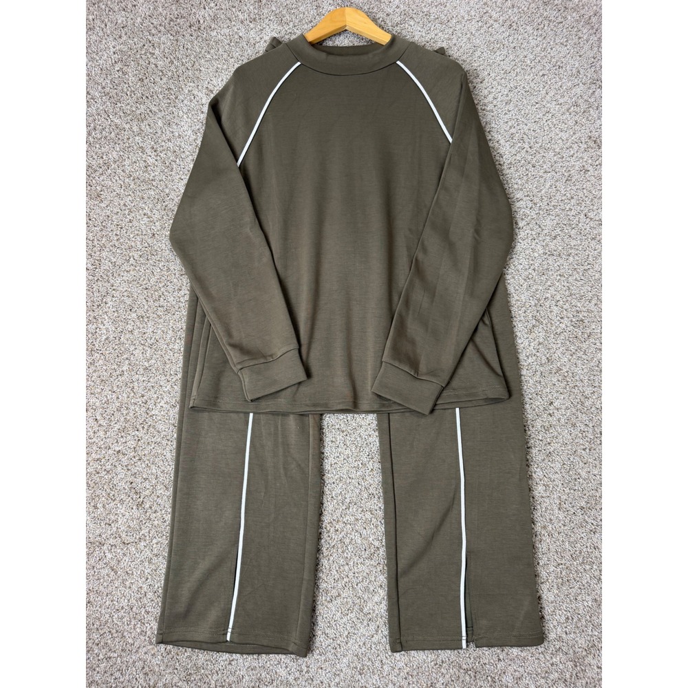 WIHOLL Womens 2 Piece Lounge Set Olive Green White Piping Wide Leg Pants Large - Picture 2 of 14